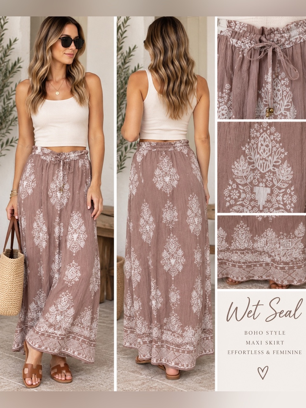 Wet Seal Boho Maxi Skirt Taupe White Medallion Print Drawstring Waist Size L